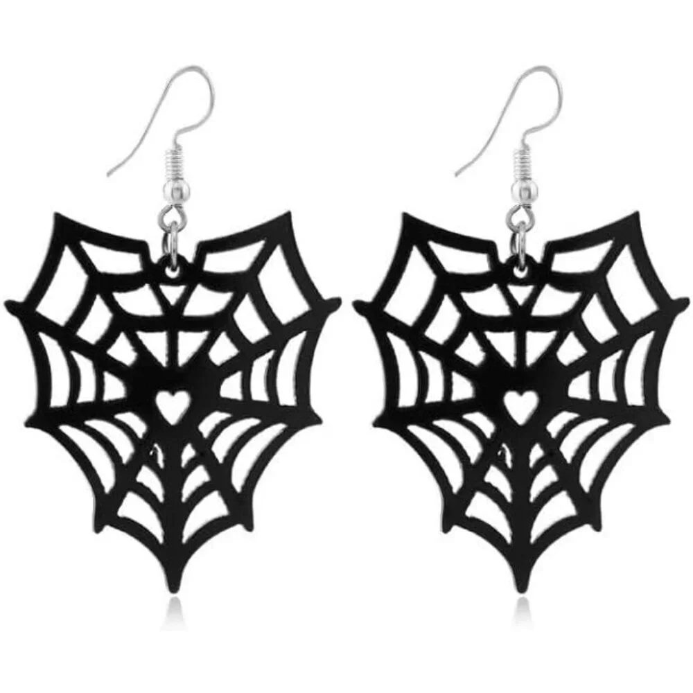 Women's Spider Web Zinc Halloween Theme Acrylic Skull Spider & Bat Earrings